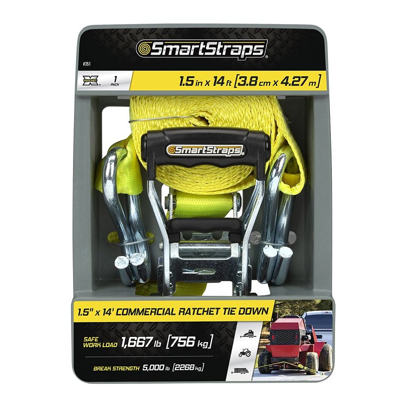 SmartStrap Rachet X Series 351 Stamped Rail Tie-Down, 1-1/2 in W, 14 ft L, Polyester/Steel, Yellow, 1667 lb