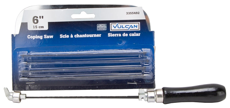 Vulcan JL52079 Coping Saw, 6 in L Blade, (3) 24 TPI, (1) 1 TPI and (1) 15 TPI, Carbon Steel Blade, Ergonomic Handle