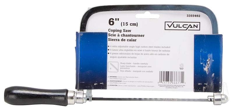 Vulcan JL52079 Coping Saw, 6 in L Blade, (3) 24 TPI, (1) 1 TPI and (1) 15 TPI, Carbon Steel Blade, Ergonomic Handle
