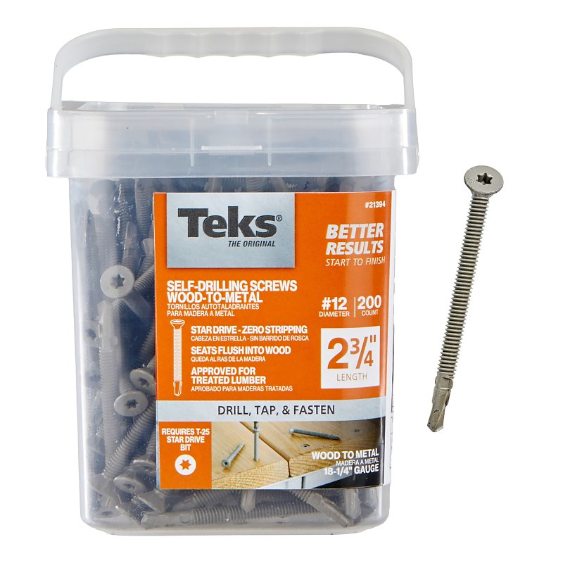 Teks 21394 Self-Drilling Screw with Wing, #12 Thread, 2-3/4 in L, Flat Head, Star Drive, Drill Point, Steel, Zinc, 200