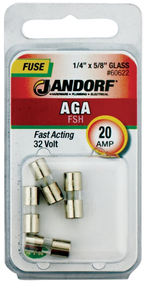 Jandorf 60622 Series Fast Acting Fuse, 0.003 Ohm, 20 A, 32 V, 1 kA Interrupt, Glass Body