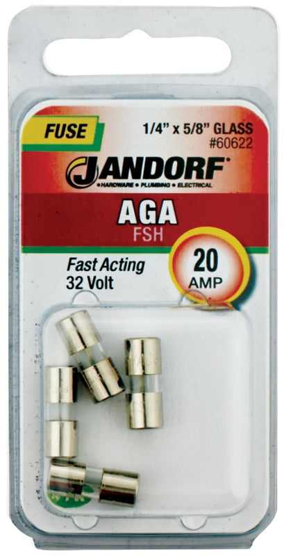 Jandorf 60622 Series Fast Acting Fuse, 0.003 Ohm, 20 A, 32 V, 1 kA Interrupt, Glass Body