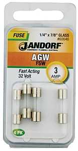 JANDORF AGW Series 60646 Fast Acting Fuse, 3 A, 32 V, 10 kA Interrupt, Glass Body
