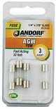 JANDORF AGW Series 60646 Fast Acting Fuse, 3 A, 32 V, 10 kA Interrupt, Glass Body