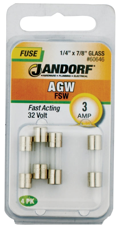 JANDORF AGW Series 60646 Fast Acting Fuse, 3 A, 32 V, 10 kA Interrupt, Glass Body