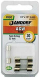 JANDORF AGW Series 60653 Fast Acting Fuse, 30 A, 32 V, 10 kA Interrupt, Glass Body, AGW