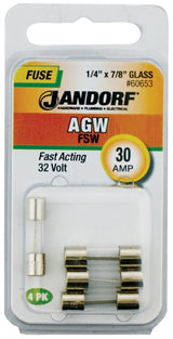 JANDORF AGW Series 60653 Fast Acting Fuse, 30 A, 32 V, 10 kA Interrupt, Glass Body, AGW