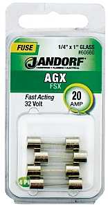 JANDORF AGX Series 60660 Fast Acting Fuse, 20 A, 32 V, 200, 1000 A Interrupt, Glass Body, Fast-Acting Fuse