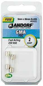 Jandorf 60683 Series Fast Acting Fuse, 0.06 Ohm, 2 A, 250 V, 100 A, 10 kA Interrupt, Glass Body