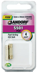 JANDORF S501 Series 60722 Fast Acting Fuse, 4 A, 250 V, 1500 A Interrupt, Ceramic Body, Fast-Acting Fuse