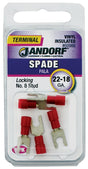JANDORF 60986 Locking Spade Terminal, 600 V, 22 to 18 AWG Wire, #8 Stud, Vinyl Insulation, Copper Contact, Red