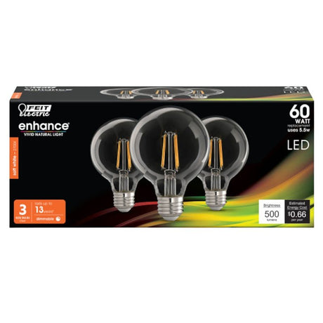 Feit Electric G2560/927CA/FIL/3 Filament LED Bulb, Globe, G25 Lamp, 60 W Equivalent, E26 Medium Lamp Base, Dimmable