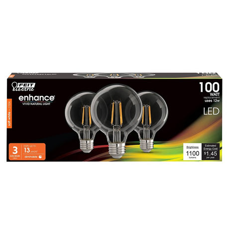 Feit Electric G25100927CA/FIL/3 LED Light Bulb, 120 V, 12 W, G25 Lamp, 100 W Equivalent, E26 Medium Lamp Base, 3/PK