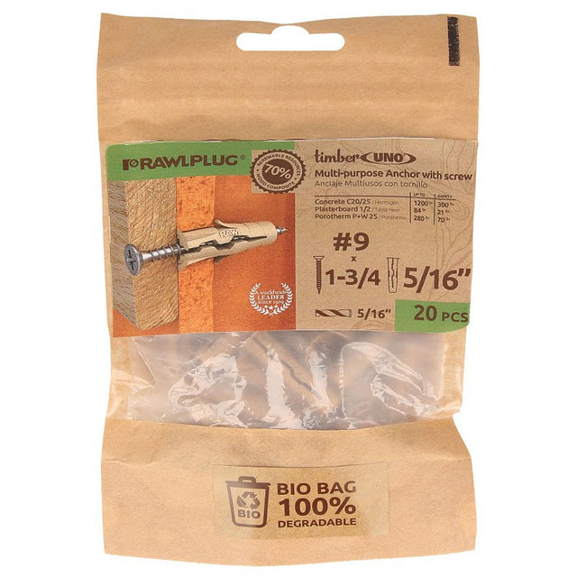 Rawlplug UNO Series R-BIO-UNOT5/16+9- Drywall Anchor, 32 mm L, Polypropylene/Recycled Timber, 30 to 190 lb
