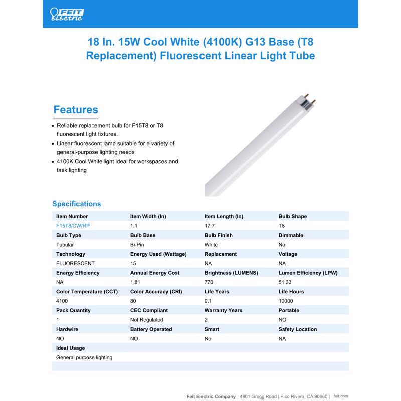 Feit Legacy Bulbs 15 W T8 1.1 in. D X 17.7 in. L Fluorescent Bulb Cool White Linear 4100 K 1 pk, Pack of 6