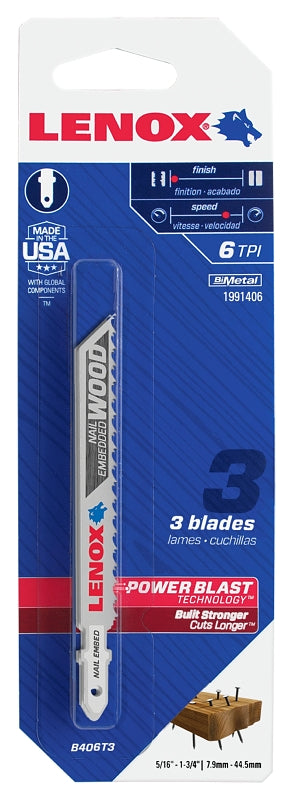 Lenox 1991406 Jig Saw Blade, 3/8 in W, 6 TPI, 4 in L, 3/PK