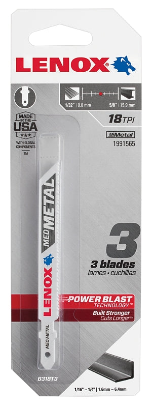 Lenox 1991565 Jig Saw Blade, 3/8 in W, 3-5/8 in L, 18 TPI, 0.037 in Thick, 3/PK
