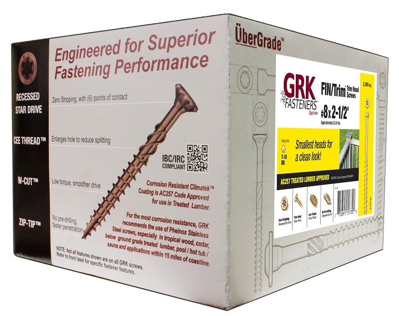 GRK Fasteners FIN/Trim 15730 Screw, #8 Thread, 2-1/2 in L, Trim Head, Star Drive, Steel, 3500 BX