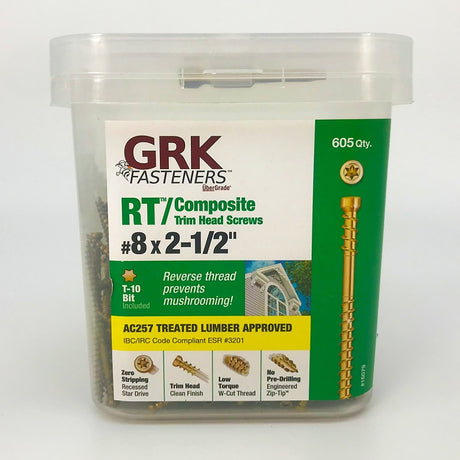 GRK Fasteners RT Series 16079 Screw, #8 Thread, 2-1/2 in L, Reverse Thread, Trim Head, Star Drive, Steel, 605 PAIL