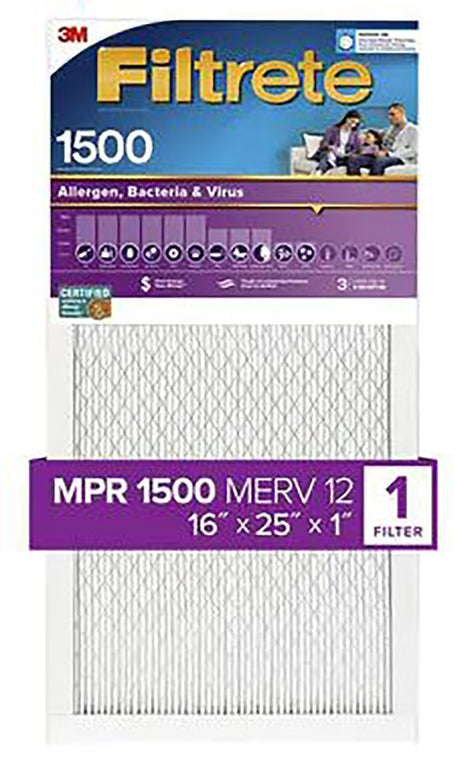 Filtrete 2001-4-HR Furnace Air Filter, 25 in L, 16 in W, 1-Pleat, 12 MERV, 12 MPR, Pack of 4