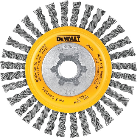 DEWALT HP DW4925 Wire Wheel Brush, 4 in Dia, 5/8-11 Arbor/Shank, Twisted Bristle, 0.02 in Dia Bristle