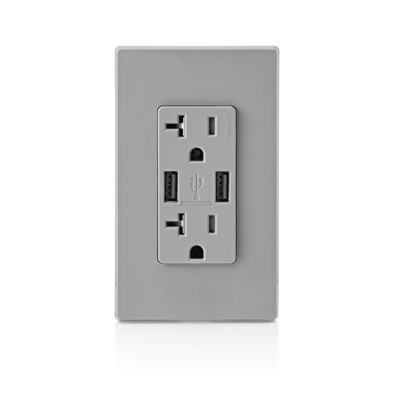 Leviton Decora 20 amps 125 V Gray Outlet and USB Charger 5-20R 1 pk