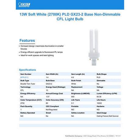 Feit Legacy Bulbs 13 W PL 1.4 in. D X 4.6 in. L CFL Bulb Soft White Track and Recessed 2700 K 1 pk
