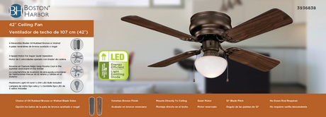 Boston Harbor CF-78125-ORB Ceiling Fan, 4-Blade, Venetian Bronze Housing, 42 in Sweep, MDF Blade, 3-Speed