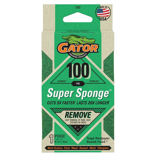 Gator 7362 Sanding Sponge, 5 in L, 3 in W, 100 Grit, Medium, Aluminum Oxide Abrasive