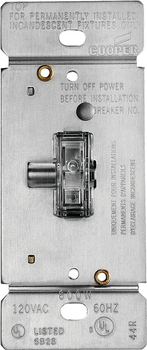 Eaton Wiring Devices TI306L-K Toggle Dimmer, 5 A, 120 V, 600 W, CFL, Halogen, Incandescent, LED Lamp, 3-Way, Clear