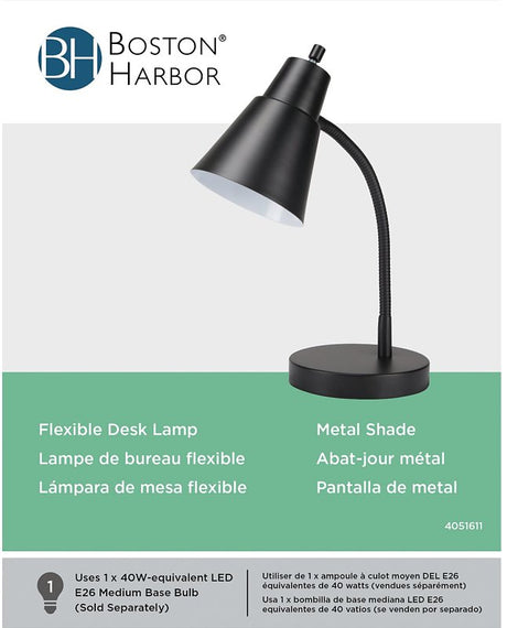 Boston Harbor TL-TB-170-BK-3L Flexible Desk Lamp, 120 V, 60 W, 1-Lamp, CFL Lamp, Black Fixture, Black