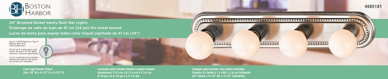 Boston Harbor 918-4-BN Vanity Bar Fixture, 100 W, 4-Lamp, G Lamp, Steel Fixture, Brushed Nickel Fixture