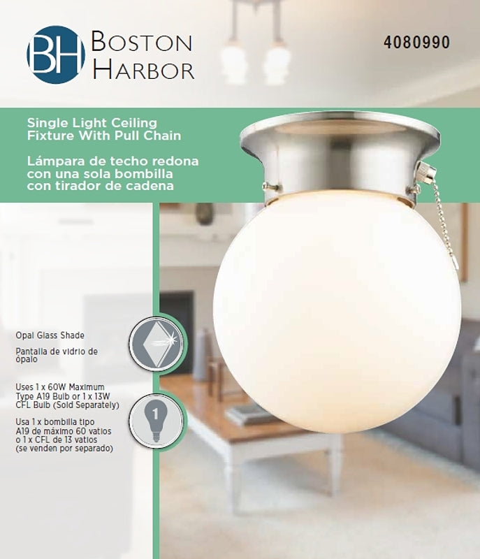 Boston Harbor F3015-3375-BN Ceiling Light Fixture, 0.5 A, 120 V, 60 W, 1-Lamp, CFL Lamp, Metal Fixture