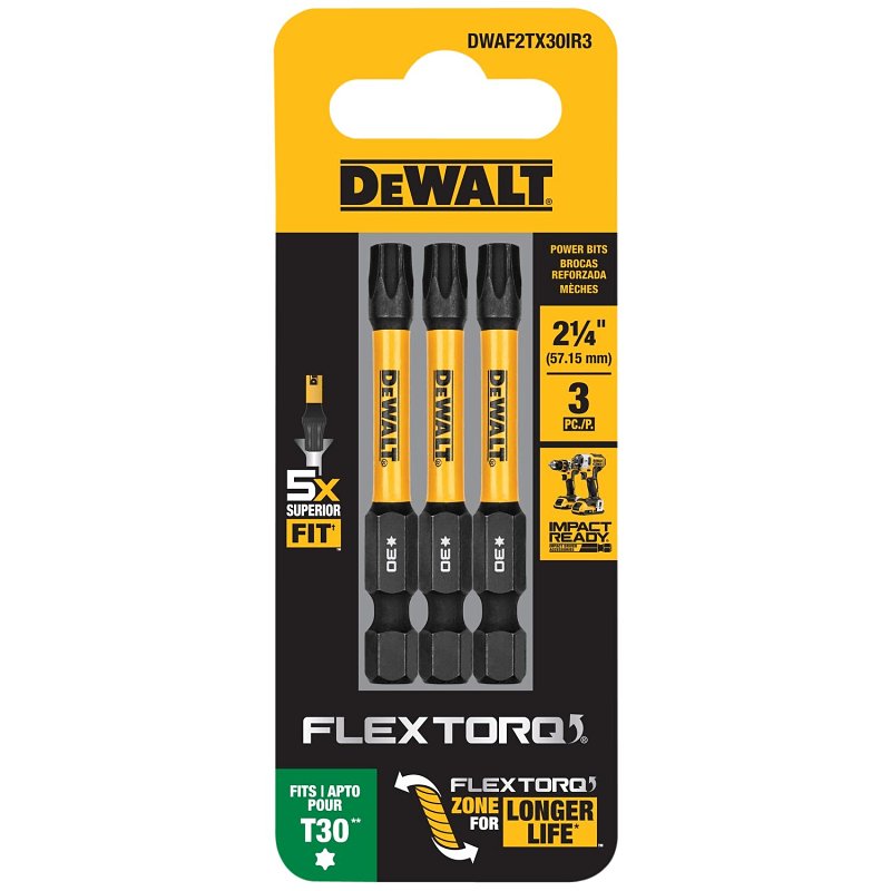 DEWALT FlexTorq DWAF2TX30IR3 Impact Screwdriver Bit, T30 Drive, Torx Drive, 1/4 in Shank, Hex Shank, 2-1/4 in L, Steel