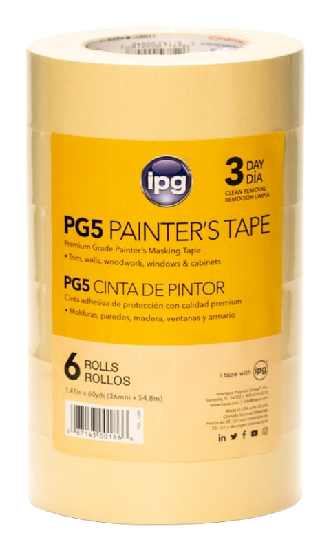 IPG PG5...129R Masking Tape, 60 yd L, 1.41 in W, 6.3 mil Thick, Paper Backing, Beige