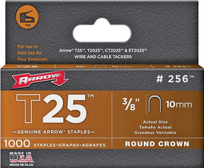 Arrow T25 Series 256 Staple, 5/16 in W Crown, 3/8 in L Leg, Steel, Pack of 5