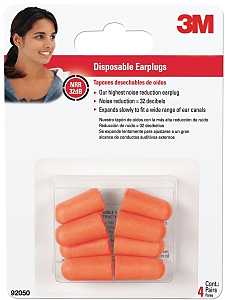 3M 92050H4 Disposable Ear Plugs, 32 dB NRR, Tapered, Round, One-Size, Foam, Assorted/Orange