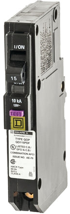 Square D QO115PDFC Circuit Breaker, CAFCI, Mini, 15 A, 1-Pole, 120 V, Plug
