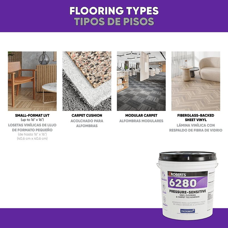 Roberts R6280-4 Flooring Adhesive, Paste, Very Mild, Off-White, 4 gal Pail