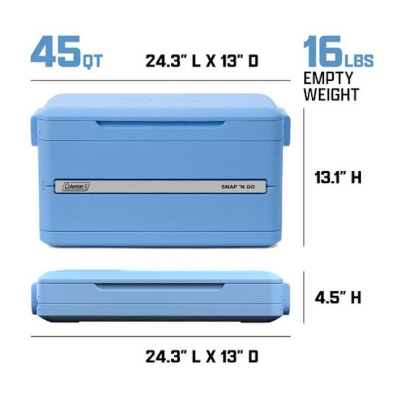 Coleman Snap 'N Go Series 2226071 Collapsible Hard Cooler, 45 qt Cooler, Polypropylene, Blue Sky, 55 hr Ice Retention
