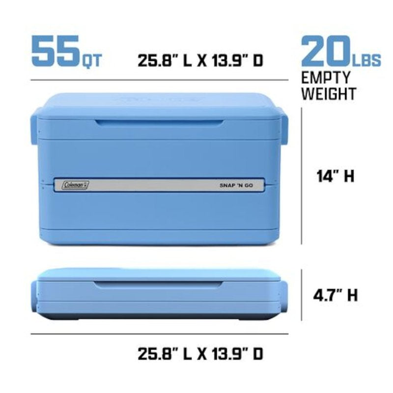 Coleman Snap 'N Go Series 2226073 Collapsible Hard Cooler, 55 qt Cooler, Polypropylene, Blue Sky, 64 hr Ice Retention