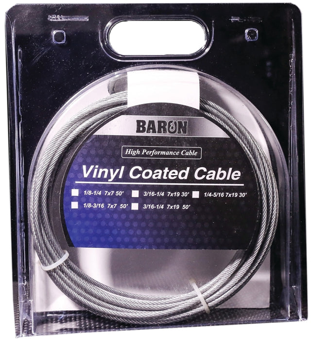 Baron 50215/50215 Aircraft Cable, 1/8 to 3/16 in Dia, 100 ft L, 340 lb Working Load, Galvanized Steel, Vinyl-Coated