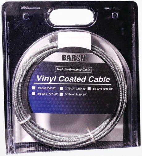 Baron 53205/50235 Aircraft Cable, 3/16 to 1/4 in Dia, 100 ft L, 740 lb Working Load, Galvanized Steel, Vinyl-Coated