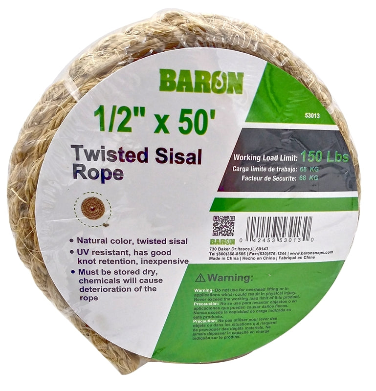 Baron 53013 Utility Rope, 1/2 in Dia, 50 ft L, 150 lb Working Load, Sisal, Natural