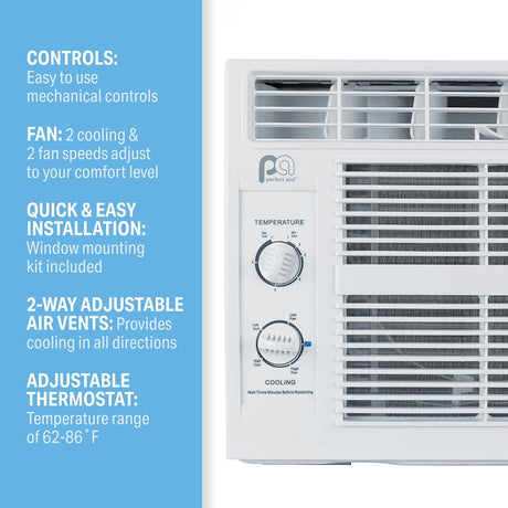 Perfect Aire 5PMC5000 Air Conditioner, 115 V, 5000 Btu Cooling, 100 to 150 sq-ft Coverage Area, Mechanical Control