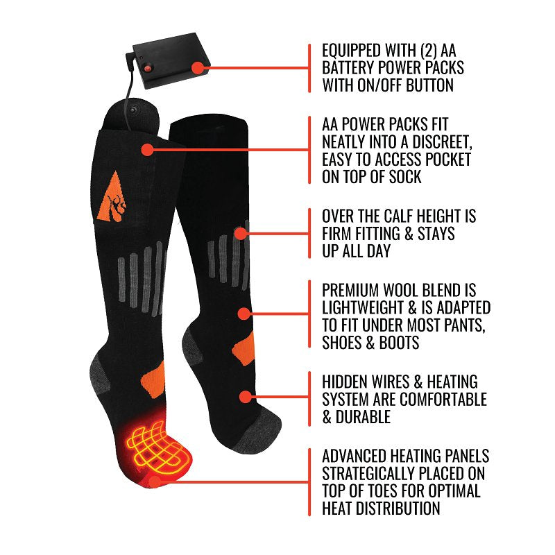 ActionHeat AH-SK-AA-03-L-XL Battery Heated Socks, Unise, L/XL, Cotton/Spandex/Wool, Black, Pack of 3