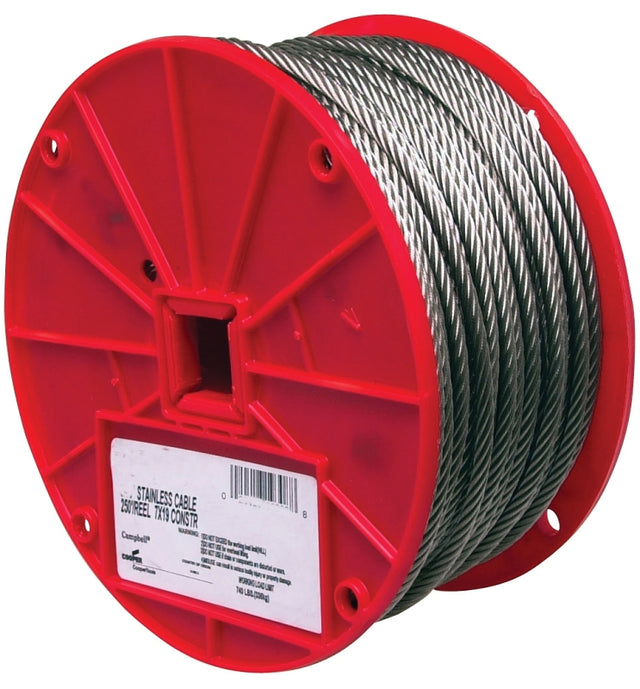 Campbell 7000826 Aircraft Cable, 1/4 in Dia, 250 ft L, 1280 lb Working Load, Stainless Steel