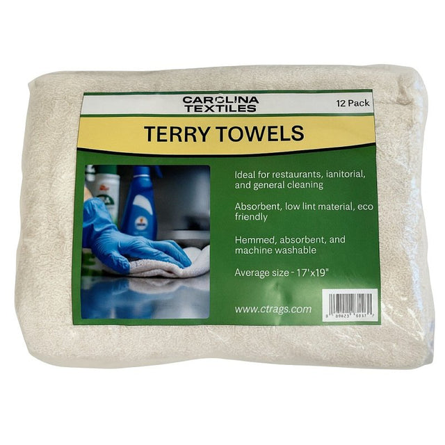 All Rags N888-12PK Terry Bar Mop Towel, 16 in L, 19 in W, Terry Cotton, White