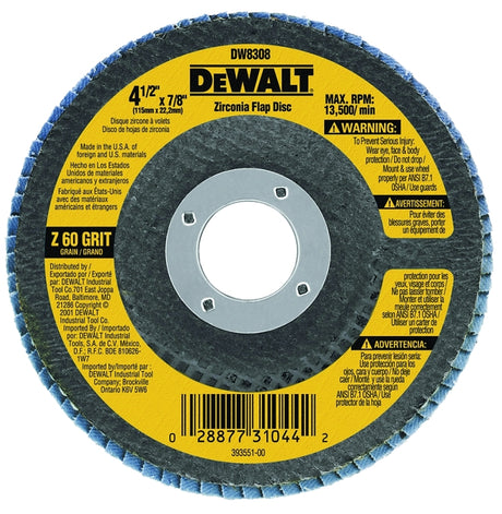 DEWALT DW8308 Flap Disc, 4-1/2 in Dia, 7/8 in Arbor, 60 Grit, Medium, Zirconia Abrasive, Fiberglass Backing