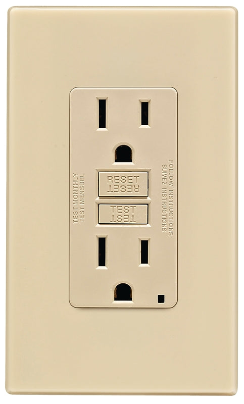 Leviton C31-GFNT1-0PI GFCI Duplex Receptacle, Polycarbonate, Ivory, 2-Pole, 15 A, 125 V, Back, Side Wiring, 3-Wire